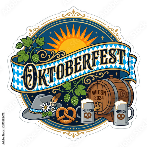 Oktoberfest Muenchen 2024 Emblem Flat Design: Beer, Pretzel, Barrel, Hops, Hat