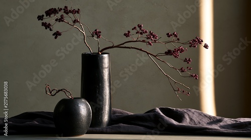 Minimalist Still Life with Black Vases and Dried Branches