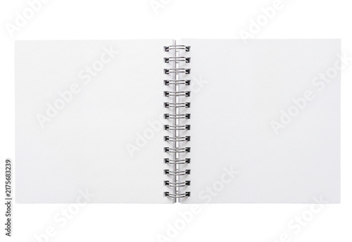 Fotografie Open blank spiral notebook isolated on transparent background, white pages and m