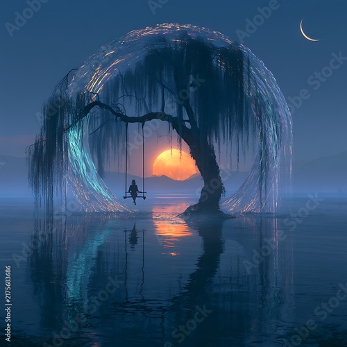 Silhouette of a person kayaking under a large willow tree at sunset