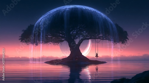 Majestic Tree with Waterfall and Sunset Reflection in a Mystical Landscape