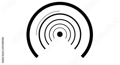A minimalist black and white graphic design featuring concentric circular lines