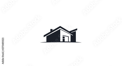 A minimalist black and white graphic illustration of a modern residential house