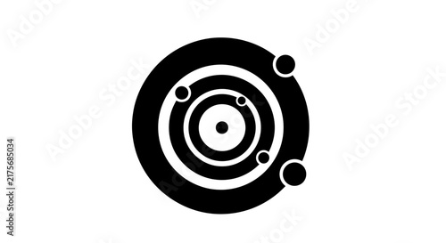A minimalist black and white graphic illustration of a planetary system model