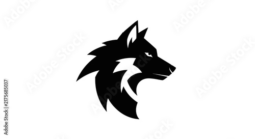 A minimalist black and white graphic illustration of a wild wolf head profile