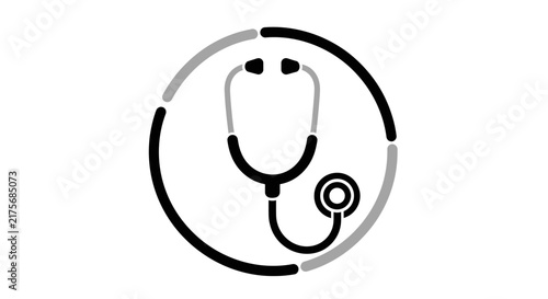 A minimalist black and white icon of a medical stethoscope inside a circular frame