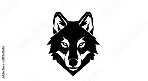 A minimalist black and white graphic illustration of a wild wolf head