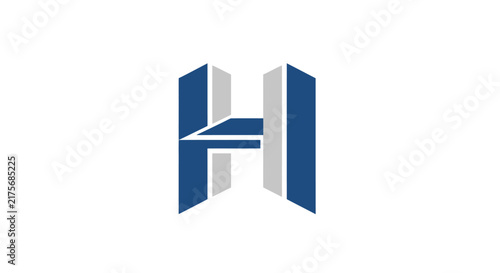 A minimalist blue and grey letter shape design on a white background
