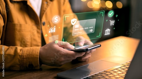 Secure mobile payment technology, digital credit card interface on smartphone, online banking and financial transaction concept