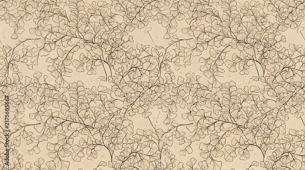 Fototapeta premium Seamless line art print pattern of layered maidenhair fern leaves in fine sepia outlines with full bleed coverage on warm beige paper texture perfect for planner and journal cover design
