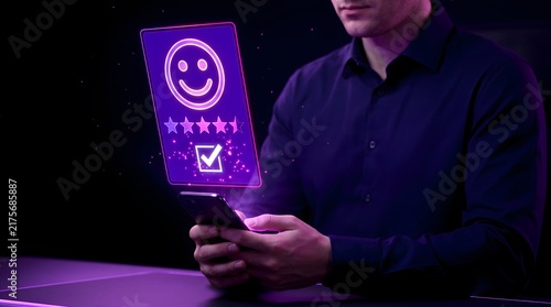 Customer experience rating hologram over smartphone, digital feedback survey with five stars, man using mobile app for service satisfaction