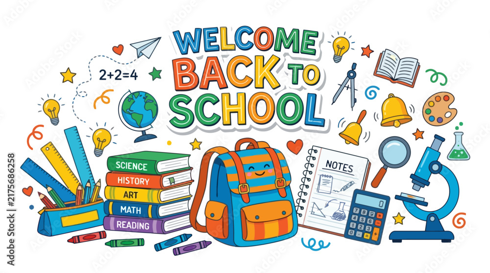 Naklejka premium Welcome Back to School: Colorful Collection of School Supplies and Textbooks