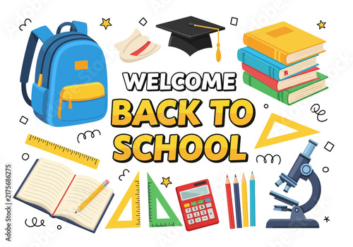 Welcome Back To School Colorful Flat Design Illustration With Supplies