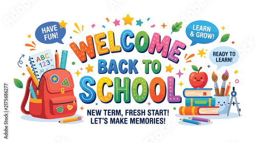 Welcome Back To School Colorful Illustration with Backpack, Books & Art Supplies