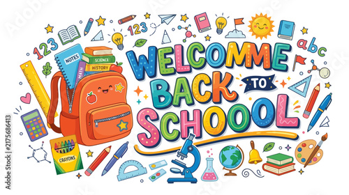 Welcome Back To School Cute Backpack and School Supplies Cartoon - Colorful Illustration