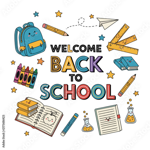Welcome Back To School Cute Cartoon Elements - Backpack, Books, Pencils, Crayons