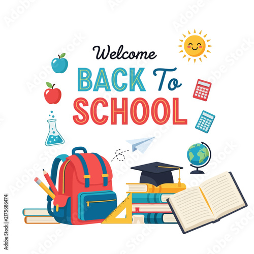 Welcome Back To School Graphic: Backpack, Books, Supplies, Graduation Cap