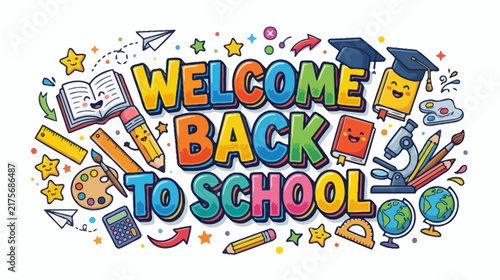 Welcome Back to School Hand-Drawn Style with School Supplies and Stars