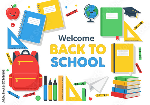 Welcome Back To School Supplies - Apple, Backpack, Books, Globe, Erasers, Crayons