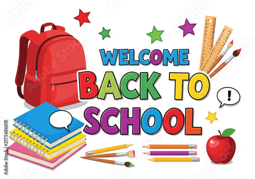 Welcome Back to School Supplies - Backpack, Books, Pencils, Rulers & Apple
