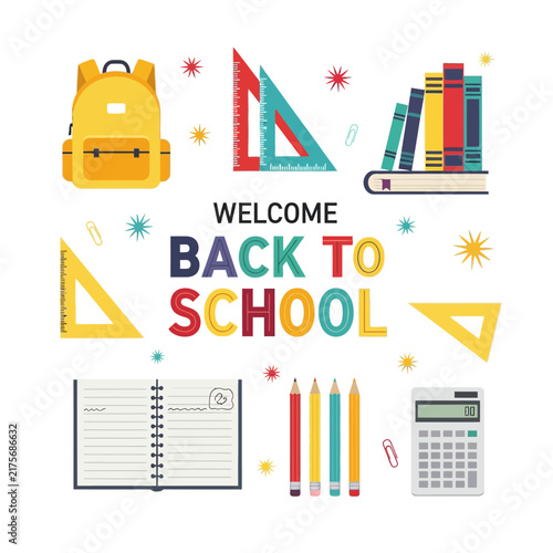 Welcome Back To School Supplies - Backpack, Books, Rulers, Pencils, Calculator