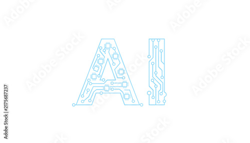 Circuit board style lettering design forming the abbreviation AI representing artificial intelligence in light blue.