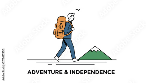 Line art concept illustration of a businessman in a suit hiking with a large backpack towards a green mountain peak.