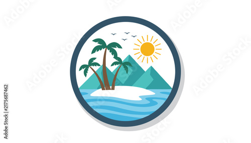 Circular travel badge design featuring a tropical island paradise with blue sea water, palm trees, and mountains.