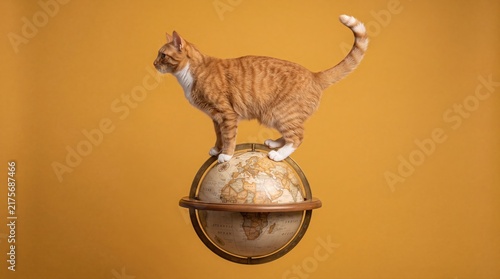 Ginger cat standing on top of a vintage world globe against a warm orange background.