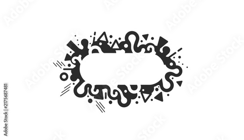 Creative black ink splash border with geometric shapes surrounding a blank white horizontal capsule text frame.