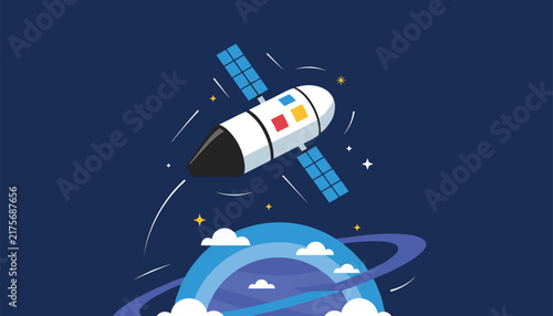 Space satellite technology orbiting a colorful ringed planet with distant stars in a dark blue universe background.