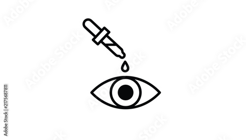 Simple line icon illustrating a medical eye dropper bottle administering a liquid drop into a human eye on white.