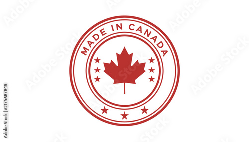 Circular red stamp design with a maple leaf in the center and text reading made in Canada on a white background.