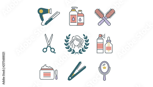 Grid of retro style hair care and beauty salon icons representing professional styling, hair dressing, and cosmetics.