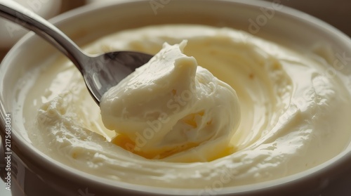 Close-up of fresh creamy butter or clotted cream in a white ceramic bowl being scooped with a silver spoon, cinematic macro food photography