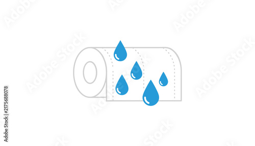 Toilet paper roll illustration with several blue water droplets symbolizing high absorbency and moisture on white.