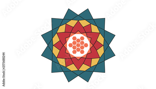 Geometric mandala illustration combining star shapes in blue, gold, and red with an orange honeycomb pattern in the center.