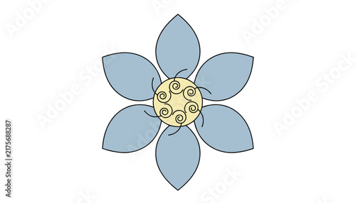 Stylized six petaled blue flower illustration with intricate golden spirals in the center on a plain white background.