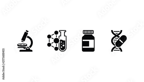Set of black and white flat scientific icons representing biotechnology research, laboratory equipment, and medical pharmacy.