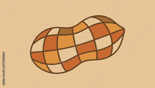 Whimsical cartoon peanut shell decorated with a colorful geometric grid pattern on a warm cream background.