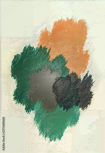 Abstract organic shapes in deep green, orange, black, and gray on textured background