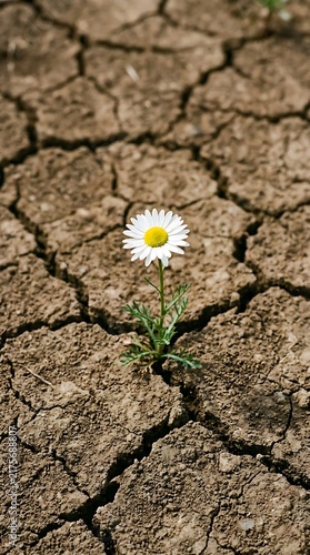 Single white daisy growing in cracked dry soil flower