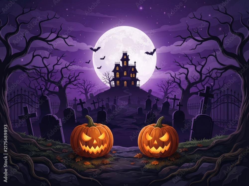 Fototapeta premium A spooky halloween night scene with glowing jack o' lanterns a haunted castle and a full moon in