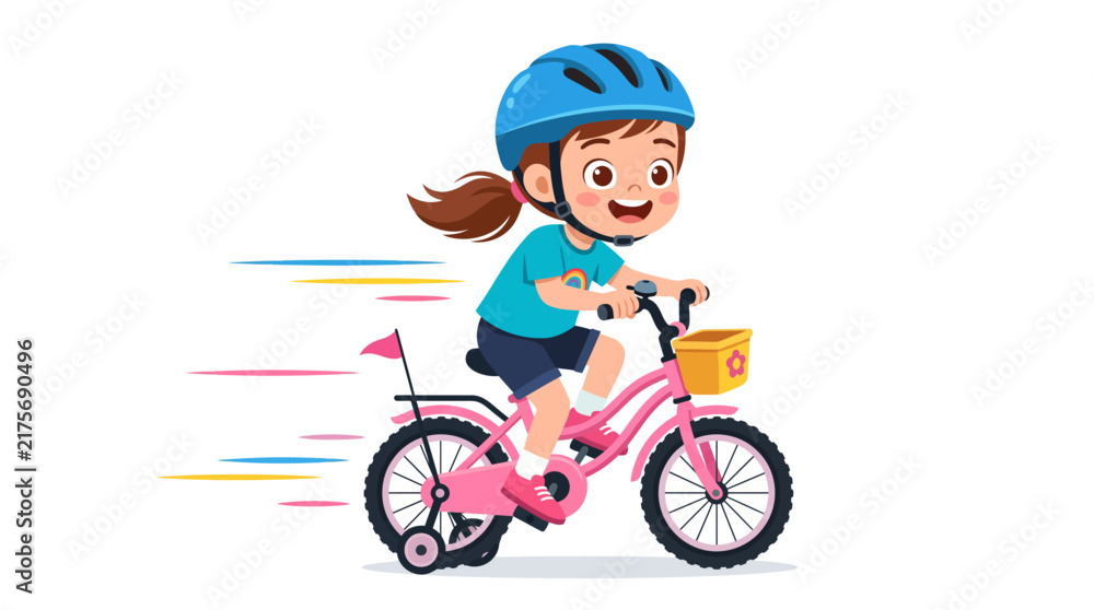 Fototapeta premium A cute colorful cartoon illustration of a happy young girl riding a small bicycle.