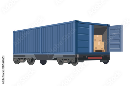 Blue Freight Train Car with Open Door Illustration. Open Door Freight Train. Blue Railway Cargo Wagon.