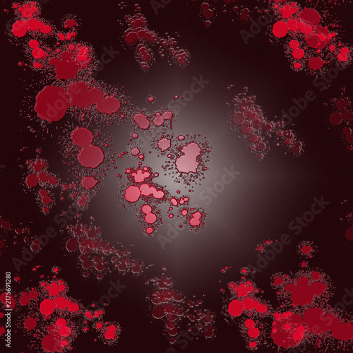 Abstract red splatters and droplets on a dark, textured background, with spotlight effect