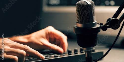 Economy creator concept. Close-up of hands adjusting audio mixer controls next to a professional microphone in a recording studio setting.