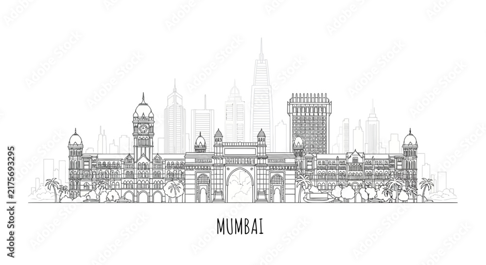 Fototapeta premium Mumbai Skyline Silhouette - India Gateway of India and Cityscape Landmark