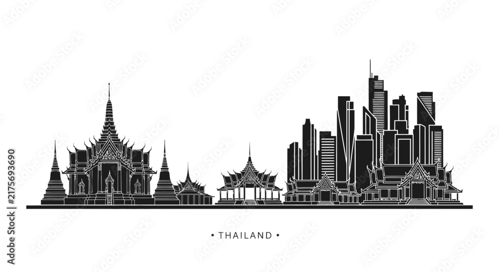 Obraz premium Thailand Skyline Silhouette: Bangkok Temples and Modern Cityscape