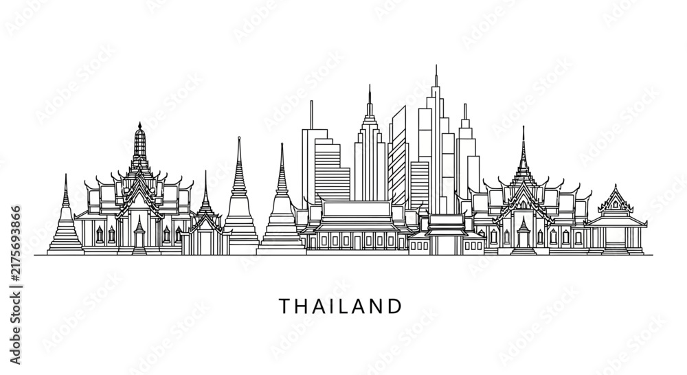Fototapeta premium Bangkok Skyline Silhouette: Iconic Thai Temples and Modern Architecture
